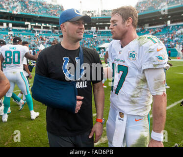 Miami Gardens, Florida, USA. 27th Dec, 2015. Miami Dolphins quarterback Ryan Tannehill (17), talks with Indianapolis Colts quarterback Matt Hasselbeck (8), after their NFL game Sunday December 27, 2015 at Sun Life stadium in Miami Gardens. Credit:  Bill Ingram/The Palm Beach Post/ZUMA Wire/Alamy Live News Stock Photo