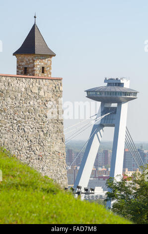 Bratislava Castle with the Bridge of the Slovak National Uprising Stock Photo