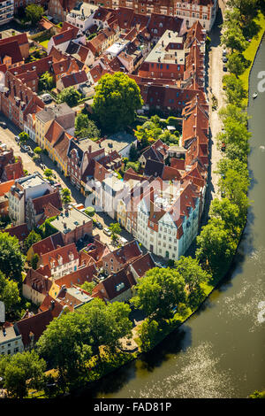 Aerial view, center of Lübeck on the River Trave, Lubeck, Luebeck Bay, Hansestadt, Schleswig-Holstein, Germany, Europe, Aerial Stock Photo