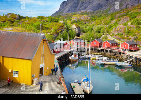 Harbour in Nusfjord, red fishermen huts rorbu, Lofoten Islands, Norway Stock Photo