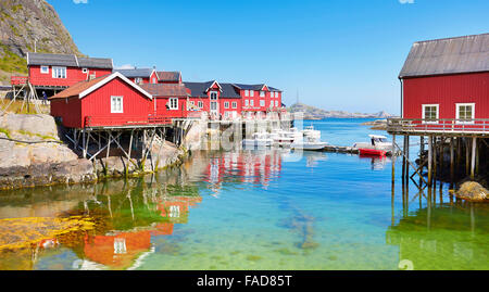 Traditional red wooden rorbu houses on Moskenesoya Island, Lofoten Islands, Norway Stock Photo