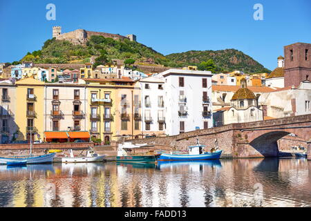 Bosa Old Town, view to Malaspina Castle, Riviera del Corallo, Sardegna (Sardinia Island), Italy Stock Photo
