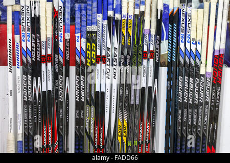Tampa Bay Lightning hockey sticks during the NHL game between the Tampa Bay Lightning and the Carolina Hurricanes at the PNC Arena. Stock Photo