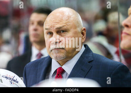 Washington Capitals head coach Barry Trotz during the NHL game between the Washington Capitals and the Carolina Hurricanes at the PNC Arena. Stock Photo