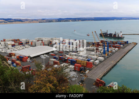 Container terminal at Napier Port, Napier, Hawke's Bay, New Zealand as viewed from Bluff Hill Domain. Stock Photo