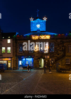 The Market Place and the Old Town Hall in Alnwick Northumberland decorated with Christmas Lights Stock Photo