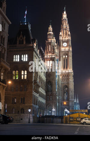 Vienna, Austria - November 4, 2015: Rathaus of Vienna. Town Hall facade fragment with night illumination, street view Stock Photo