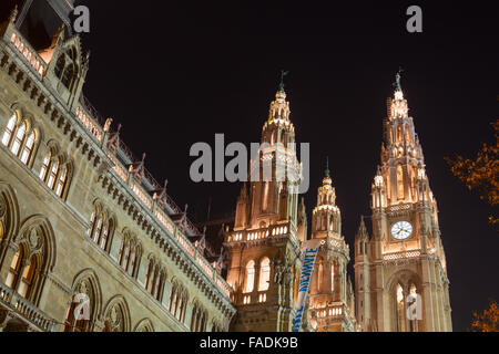 Vienna, Austria - November 4, 2015: Rathaus of Vienna. Town Hall facade fragment with night illumination Stock Photo