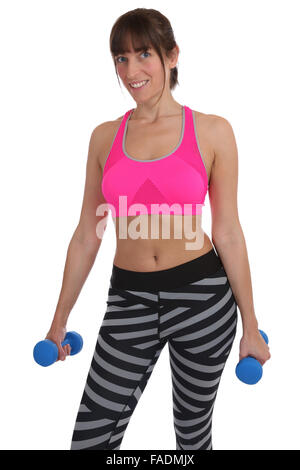 Fitness woman at sports workout holding dumbbells isolated on a white background Stock Photo