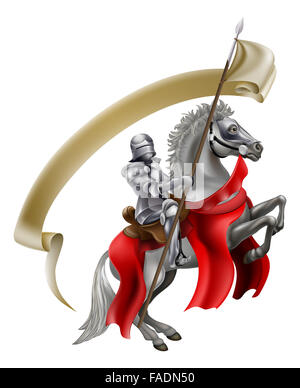 A medieval knight in armour on the back of a rearing white horse holding a spear flag Stock Photo