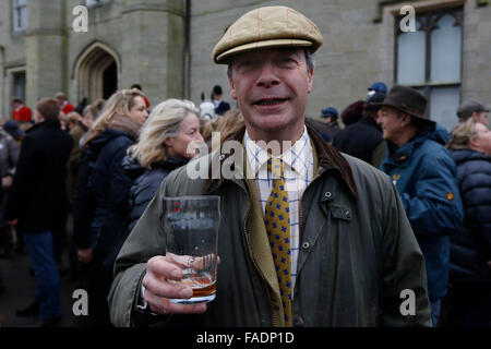 United Kingdon Independence Party (UKIP) leader Nigel Farage atends the  Old Surrey Burstow and West Kent Hunt ride at Chiddings Stock Photo