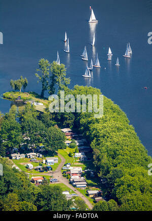 Aerial view, sailboats on the Baldeneysee before Scheppen House, Essen, Ruhr area, Ruhr valley, The Ruhr, North Rhine-Westphalia Stock Photo