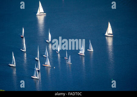 Aerial view, sailboats on the Baldeneysee before Scheppen House, Essen, Ruhr area, Ruhr valley, The Ruhr, North Rhine-Westphalia Stock Photo