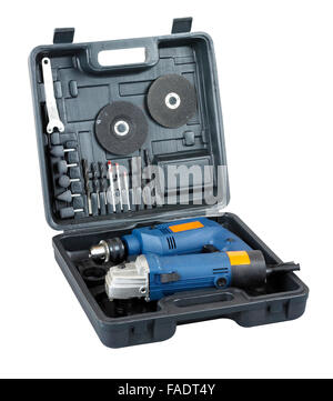 set of power tools in a box Stock Photo