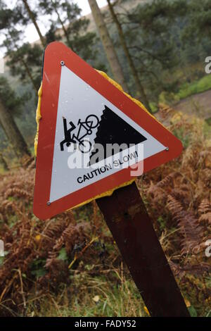 Steep Hill Sign in Forest Warning to Cyclists Stock Photo