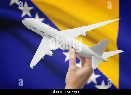 Airplane in hand with national flag on background - Bosnia and Herzegovina Stock Photo