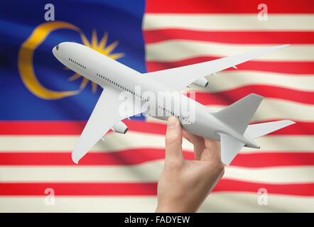 Airplane in hand with national flag on background - Malaysia Stock Photo