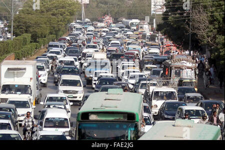 Huge numbers of motors stuck in gridline due to VIP movement held at Shahrah-e-Faisal in Karachi on Monday, December 28, 2015 Stock Photo