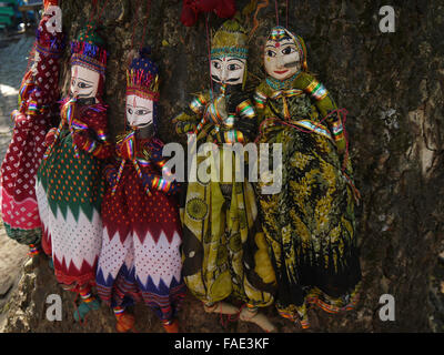 Puppet display  hanging  from a tree bark . Kochi India Stock Photo