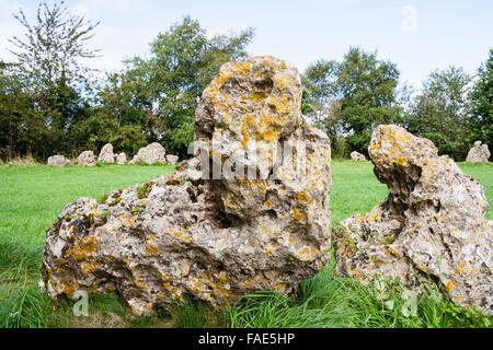 England, Oxfordshire, The Rollright stones. A late Neolithic, bronze age, ceremonial Stone Circle, called 'The King's Men'. Daytime, summer, blue sky. Stock Photo