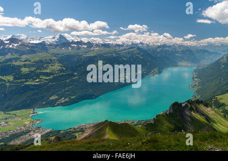 Panorama of Lake Brienz (Brienzersee) in Berner Oberland, Switzerland. Picture taken from the summit of Brienzer Rothorn (2350m). Stock Photo