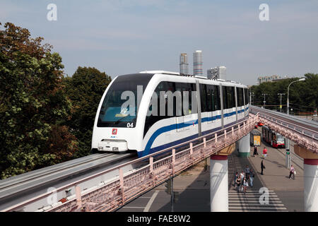 A Moscow Monorail train above the streets of Moscow, Russia. Stock Photo