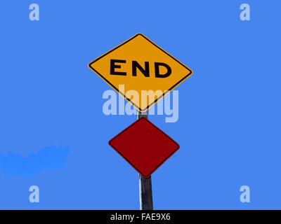 Traffic signs indicating the end of a road of a dead end street . Against clear blue sky. Stock Photo