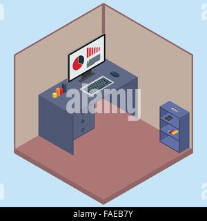 Vector illustration isometric room with a computer Stock Vector