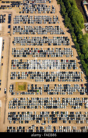 Aerial view, BLG Auto Terminal Hamburg, car be loaded on ships in the Port of Hamburg, auto dump, Hamburg Harbour, Elbe, Hamburg Stock Photo