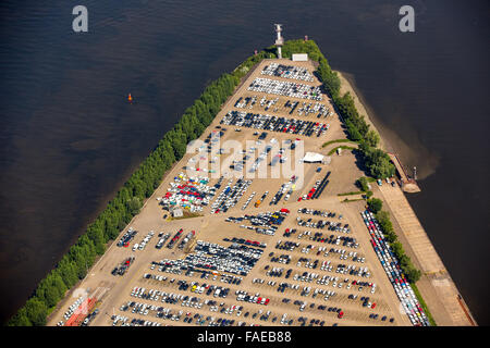 Aerial view, BLG Auto Terminal Hamburg, car be loaded on ships in the Port of Hamburg, auto dump, Hamburg Harbour, Elbe, Hamburg Stock Photo