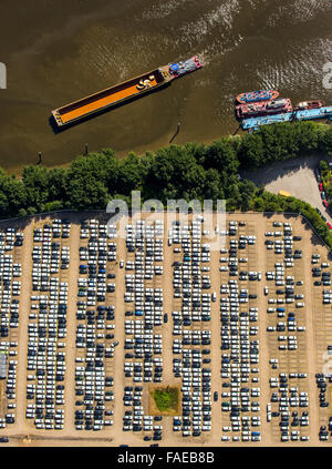 Aerial view, BLG Auto Terminal Hamburg, car be loaded on ships in the Port of Hamburg, auto dump, Hamburg Harbour, Elbe, Hamburg Stock Photo