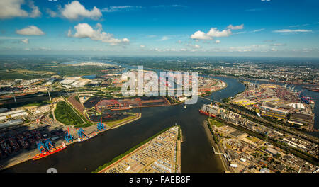 Aerial view, BLG Auto Terminal Hamburg, car be loaded on ships in the Port of Hamburg, auto dump, Hamburg Harbour, Elbe, Hamburg Stock Photo