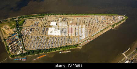 Aerial view, BLG Auto Terminal Hamburg, car be loaded on ships in the Port of Hamburg, auto dump, Hamburg Harbour, Elbe, Hamburg Stock Photo