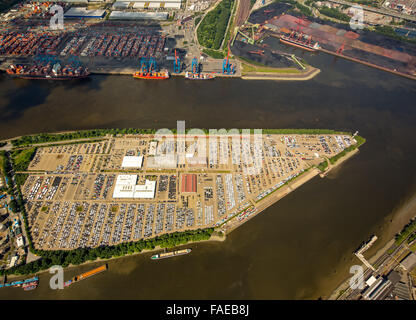 Aerial view, BLG Auto Terminal Hamburg, car be loaded on ships in the Port of Hamburg, auto dump, Hamburg Harbour, Elbe, Hamburg Stock Photo