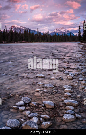 Athabasca River with mountains Kerkeslin and Hardisty in the background, Jasper Nationalpark, Alberta, Canada Stock Photo