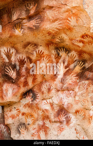 Ancient hand impressions and art at the Cueva de las Manos, Cave of the Hands, Argentina, South America Stock Photo
