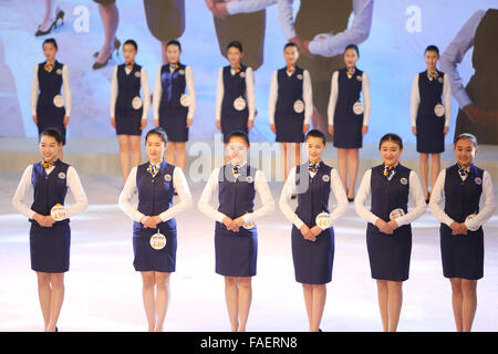 Qingdao, China. 29th Dec, 2015. Candidates attend an audition for model & flight attendant in Qingdao, east China's Shandong Province, Dec. 28, 2015. A professional audition for model & flight attendant facing national high schools was held here on Monday, attracting more than 1,000 high school graduates from across the country. Credit:  Xinhua/Alamy Live News Stock Photo