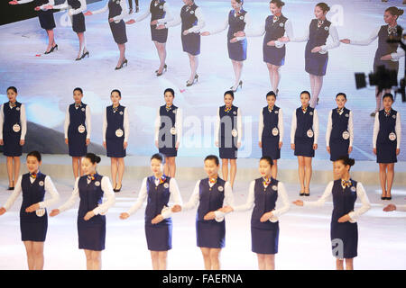 Qingdao, China. 29th Dec, 2015. Candidates attend an audition for model & flight attendant in Qingdao, east China's Shandong Province, Dec. 28, 2015. A professional audition for model & flight attendant facing national high schools was held here on Monday, attracting more than 1,000 high school graduates from across the country. Credit:  Xinhua/Alamy Live News Stock Photo