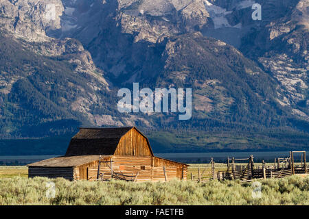 The Moulton Barn rests below the Teton Mountains in Grand Teton National Park, Wyoming. Stock Photo