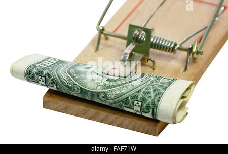 a roll of paper money and a mouse trap Stock Photo