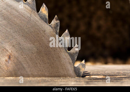 Switched off old rusty sharp circular saw blades closeup Stock Photo