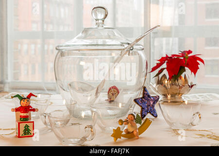 Crystal punch bowl with Christmas decorations Stock Photo