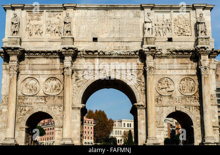 The Arch of Constantine is a triumphal arch in Rome, situated between the Colosseum and the Palatine Hill. Stock Photo