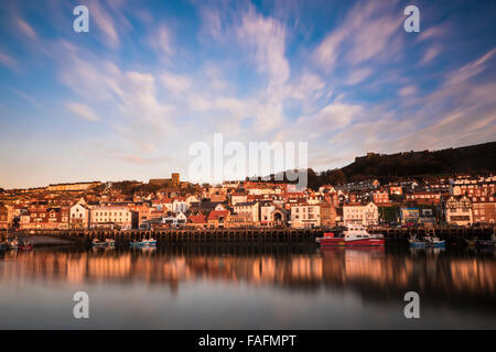 Scarborough Harbour at Winter Dawn, North Yorkshire Stock Photo