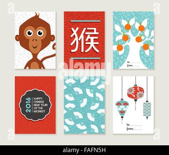 2016 Happy Chinese New Year of the Monkey. Greeting card set with cute traditional cartoon designs, includes decoration Stock Vector