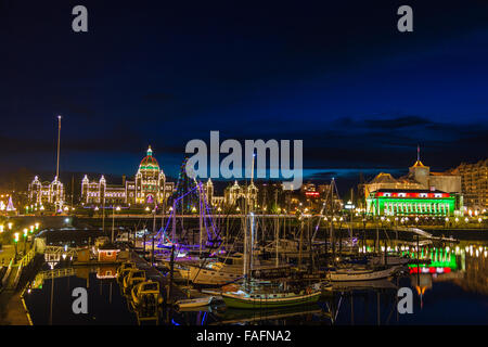 British Columbia legislative buildings illuminated in Christmas colours Stock Photo
