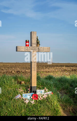 World War One Khaki Chums Cross monument to remember Christmas Truce in the No Man’s Land of Ploegsteert, West Flanders, Belgium Stock Photo