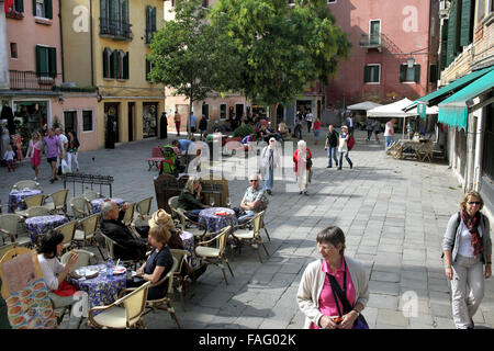 The convivial city: Campo Santa Maria Nova, a typical small square for sitting, eating and drinking, in traffic-free Venice. Stock Photo