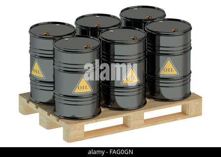 black oil barrels on pallet isolated on white background Stock Photo