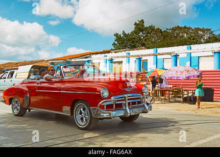 Classic Car Cuba, Vintage Old Taxi Tour through the town of Vinales Stock Photo